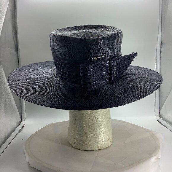 Vtg Lazarus Trendsetter Wide Flat Brim Hat with Pin‎ Statement Bow 22\